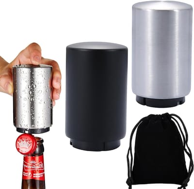 Automatische Flessenopener Set van 2, RVS Drukopener voor Bier, Wijn en Frisdrank met Opbergtas, Ideaal voor Feestjes en Picknicks