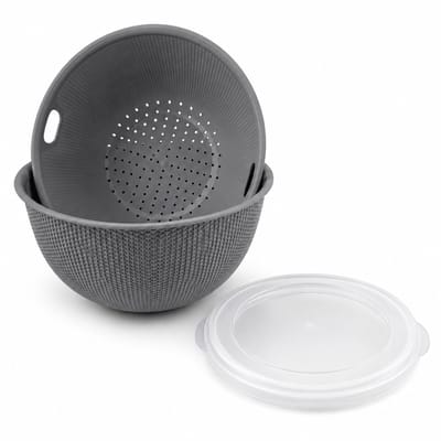 Benza Mengkom met Vergiet en Deksel – 3,7 Liter – Ø25 cm – Vaatwasserbestendig – Grijs