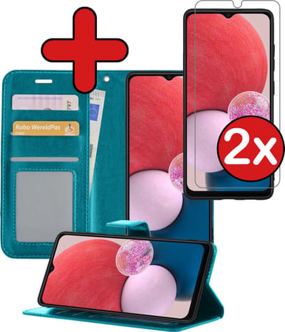 Hoesje - Met 2x Screenprotector - Geschikt voor Samsung Galaxy A13 4G - Luxe Pasjeshouder - Flip Case - Bookcase Portemonee - Kunstleer Book Case - Flipcase Hoes - Book Cover - Walletcase - Portemonneehoes - Telefoonhoes - Turquoise
