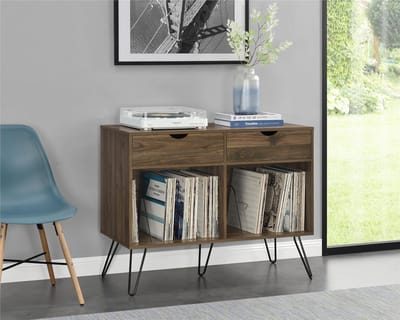 Harmony- Platenstandaard met 2 laden in notenhout look