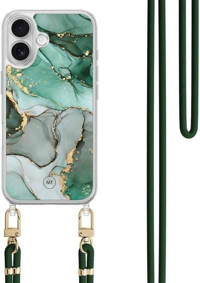 Hoesje met koord geschikt voor iPhone 16 - Marble Design - Inclusief zwart koord - Crossbody beschermhoes - Transparant, Grijs, Groen - Mooie Telefoonhoesjes