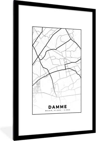 Fotolijst incl. Poster Zwart Wit- België – Damme – Stadskaart – Kaart – Zwart Wit – Plattegrond - 80x120 cm - Posterlijst