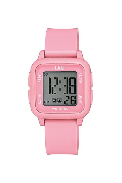 Q&Q G02A-006VY - Horloge - Digitaal - Unisex - Plastic band - Vierkant - Kunststof - Datumaanduiding - Stopwatch - Alarm - Tweede tijdzone - Backlight - Roze - Transparant - Waterdicht 5 ATM