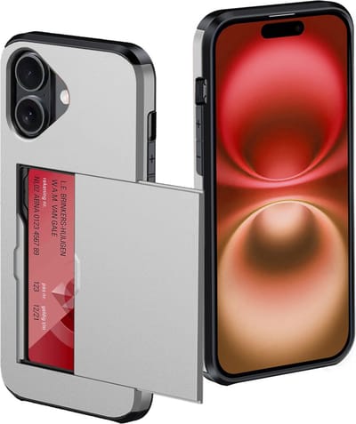 Hoes Geschikt voor iPhone 16 Hoesje Pasjeshouder Hard Cover Shock Proof Hard Case Hoes Met Kaarthouder - Grijs