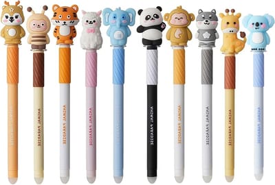 Set van 10 uitwisbare balpennen met 3D dierenkapjes - 0.7 mm, perfect voor school, kantoor en cadeau ideeën