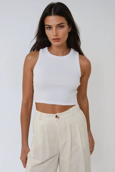 Ribbelgebreide Mouwloze Crop Top met Ronde Hals