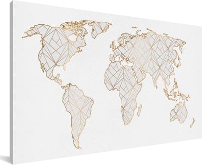 Grote wanddecoratie - Wereldkaart goud lijnen lichtgrijs canvas - 200x100 cm - XXL decoratie