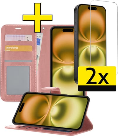 Hoesje - Met 2x Screenprotector - Geschikt voor Apple iPhone 16 - Luxe Pasjeshouder - Bookcase Portemonee - Flip Case - Kunstleer Book Case - Flipcase Hoes - Book Cover - Walletcase - Portemonneehoes - Telefoonhoesjes - Rosé goud