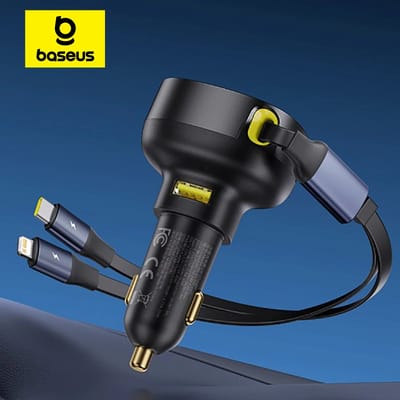 Baseus 60W autolader dubbele intrekbare kabel Type-C USB QC PD PPS snel opladen auto telefoon oplader voor iPhone Samsung Xiaomi