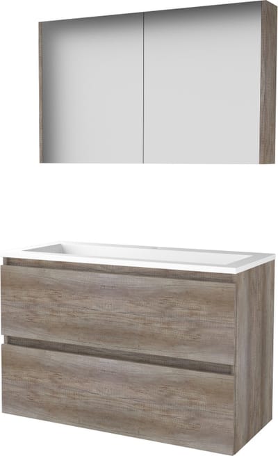 Basic Comfort 46 badmeubelset met spiegelkast, greeploze wastafelonderkast met 2 lades en acryl wastafel met 1 kraangat 100 x 46 cm, scotch oak