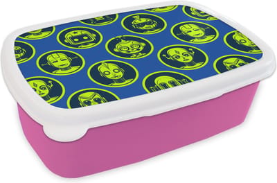 Broodtrommel Roze - Lunchbox - Brooddoos - Patronen - Robot - Geel - Blauw - Jongens - Kinderen - Kids - Jongetje - 18x12x6 cm - Kinderen - Meisje