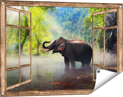Gards Tuinposter Doorkijk Olifant in het Water - 90x60 cm - Tuindoek - Tuindecoratie - Wanddecoratie buiten - Tuinschilderij