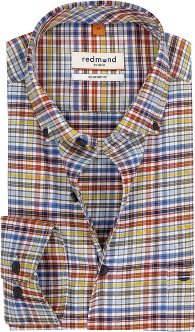 Redmond comfort fit overhemd - Oxford - blauw met wit - groen - geel en bruin geruit