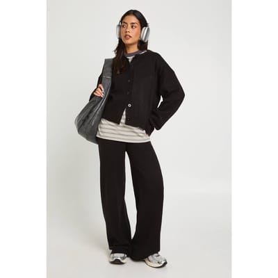 boohoo Dames Ronde hals gebreide boxy cardigan en wijde pijpenbroek co-ord | Zwart | Maat: Small