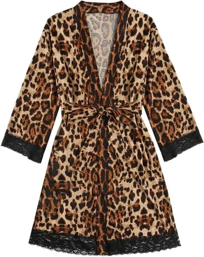 Dames Badjas - Lichtgewicht Kimono - Ontspanning Thuis - Zijdezacht Stofje - Lange Mouwen - Bruin Luipaard