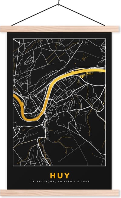 Posterhanger incl. Poster 40x60 cm - Schoolplaat - Plattegrond - Huy - Kaart - Stadskaart - Goud - Textielposter - Blanke latten - Stadskaart
