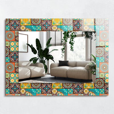 Wallfluent Spiegel - Kleurrijke Mozaïektegels Vierkante Spiegel - 80x60 cm - Kleurrijk Spiegel op gehard Glas - Decoratieve spiegel met patroon - Inloopkastspiegel - Badkamerspiegel - Toiletspiegel - Visagiespiegel - Minimalistische Spiegel