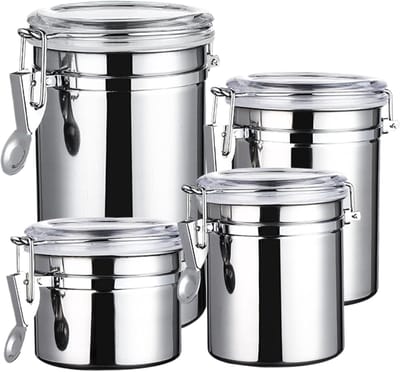 Voorraadpot Set - Keukenpotten Bewaren - Keuken Organiseren - Luchtdichte Deksel - 4 Delig - Zilverkleurig