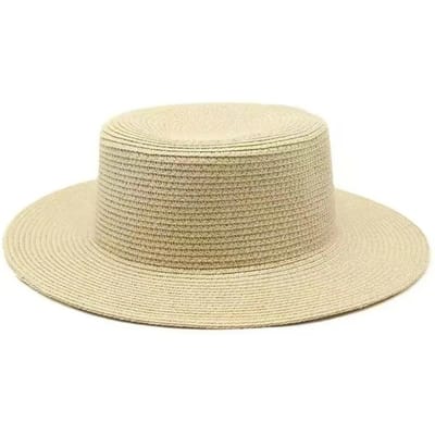 Modieuze Strooien Hoed met Brede Rand Handgeweven Stro Platte Top Strandzonnehoed Ademende Zonnebescherming Hoed Strandvakantie beige