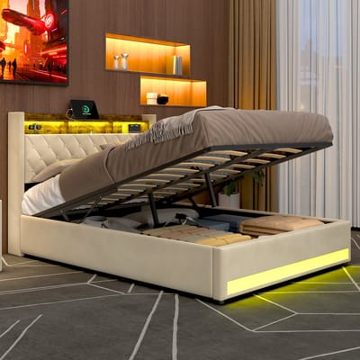 REDOM Opbergbed 160x200 cm – Tweepersoons Bedframe met Opbergruimte – Hydraulisch Systeem – Beige Stof
