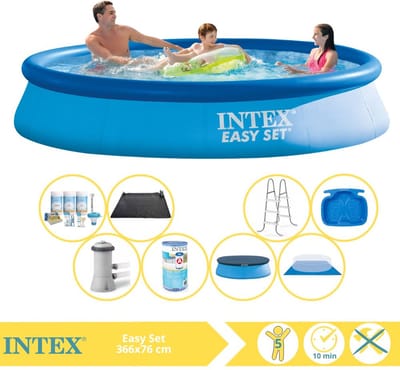 Intex Rond Opblaasbaar Easy Set Zwembad - 366 x 76 cm - Blauw - Inclusief Pomp - Afdekzeil - Onderhoudspakket - Filter - Grondzeil - Solar Mat - Ladder - Voetenbad - 9-delig