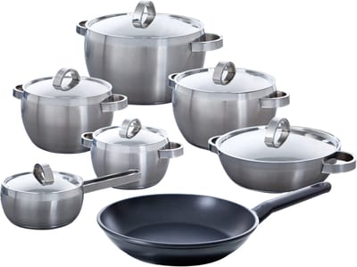 BK Apple Pannenset 7-delig - 16/18/20/24/28cm - Zonder PFAS-vrije antikleeflaag - Koekenpan inductie - Pannenset inductie - RVS pannenset - Ovenbestendig tot 230°C - Met glazen deksel - Zilver