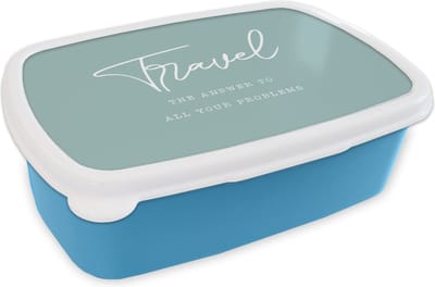 Broodtrommel Blauw - Lunchbox - Brooddoos - Spreuken - Quotes - The answer to all your problems - Travel - Reis - 18x12x6 cm - Kinderen - Jongen