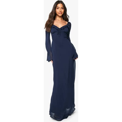 boohoo Dames Chiffon maxi-jurk met diepe V-hals en ruches | Marineblauw | Maat: 38