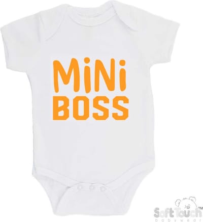 100% Katoenen Romper "Mini Boss" Unisex Katoen Wit/mosterd Maat 62/68