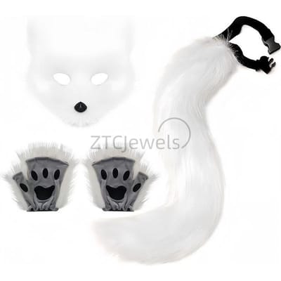Fausse Fourrure Queue de Renard Chat Loup Ensemble de Costume Cosplay Masque Peluche Gants Pattes Moelleuses Accessoires Anime Fête d'Halloween Pour Filles Femmes white