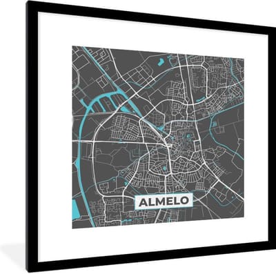 Fotolijst incl. Poster - Plattegrond - Almelo - Grijs - Blauw - 40x40 cm - Posterlijst - Stadskaart
