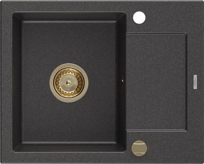 Mexen Enzo granieten spoelbak met 1 compartiment en afdruiprek 576 x 465 , zwart gespikkeld, gouden sifon - 6506571005-76-G
