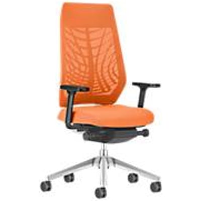 Interstuhl JOYCE is3 bureaustoel, synchroonmechanisme, armleuningen, FlexGrid lendensteun, netrugleuning, vlakke zitting, lichtgrijs/oranje