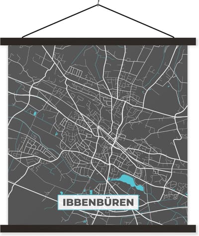 Posterhanger incl. Poster 60x60 cm - Schoolplaat - Stadskaart – Plattegrond – Duitsland – Blauw – Ibbenbüren – Kaart - Textielposter - Zwarte latten - Stadskaart