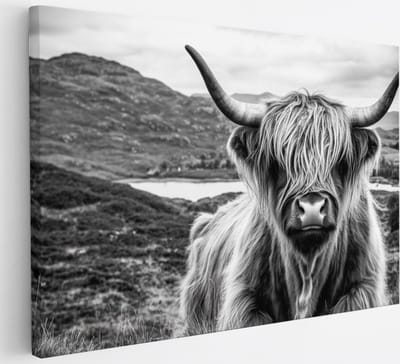 Saammp - Canvas Schilderij - Schotse Hooglander Koe - Zwart-Wit - Dieren - Landschap - 30x20 - Foto op canvas - Wanddecoratie - muurdecoratie Woonkamer - Slaapkamer decoratie - Canvas Print