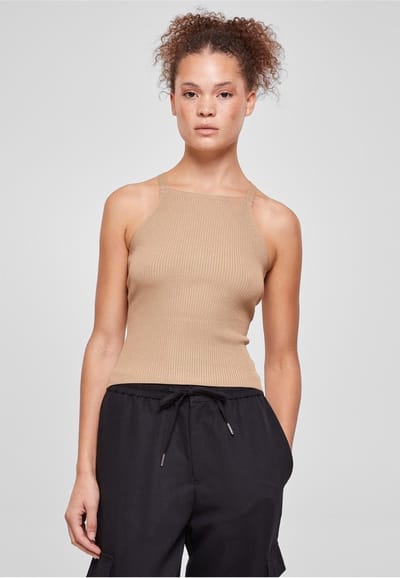 Urban Classics - Rib Knit Crossed Back Mouwloze top - M - Beige