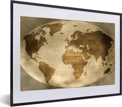 Poster in lijst - Fotolijst 60x40 cm - Posters - Wereldkaart - Wereldbol - Vintage - Posterlijst zwart - Decoratie - Wanddecoratie woonkamer - Muurdecoratie slaapkamer