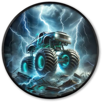 Poster in lijst Rond - Fotolijst 60x60 cm - Posters - Monstertruck - Bliksem - Blauw - Jongens - Auto - Ronde posterlijst zwart - Decoratie - Wanddecoratie woonkamer - Muurdecoratie slaapkamer