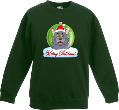 Kersttrui Merry Christmas grijze kat / poes kerstbal groen jongens en meisjes - Kerstruien kind 98/104
