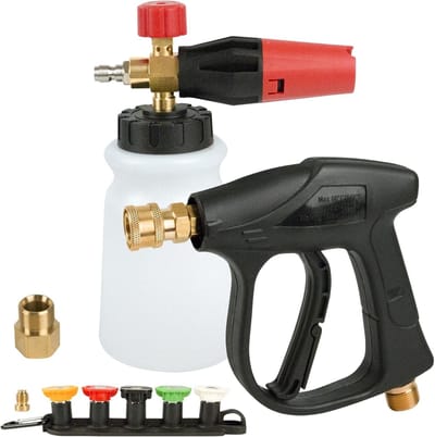 Professionele Foam Cannon voor Hogedrukreiniger, 3000 PSI, Inclusief 5 Spuitmonden, 1 L Fles en 360° Draaibaar voor Auto- en Tuinreiniging