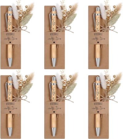 Set van 6 Bedankgeschenken voor Leraren - Houten Balpen met Droogbloemen en Kraft Papieren Houder