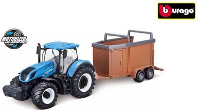 Bburago New Holland T7.315 TRACTOR + LIVESTOCK FORWARDER blauw/bruin schaalmodel 10 CM