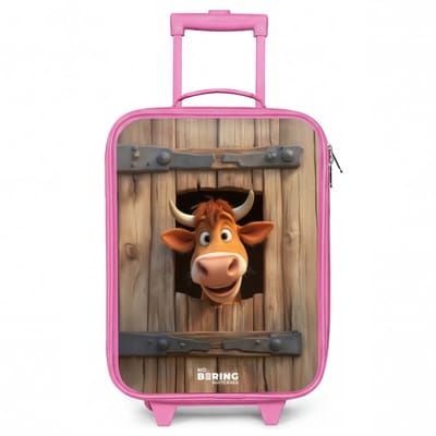 NoBoringSuitcases.com® - Kinderkoffer roze - Kindertrolley meisje - Bruine stier steekt hoofd door houten deur - Koffer kind lichtgewicht - Reiskoffer trolley voor kinderen - Koffertje met lichtgevende wieltjes - Rolkoffer