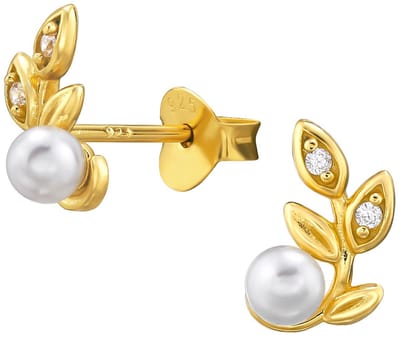 Joy|S - Zilveren takje met parel oorbellen - 5.6 x 8.5 mm - takje met blad en zirkonia - gold plated