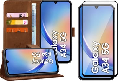 Hoesje geschikt voor Samsung Galaxy A34 - Screen Protector FullGuard - Book Case Kunstleer Pasjeshouder Bruin & Screenprotector