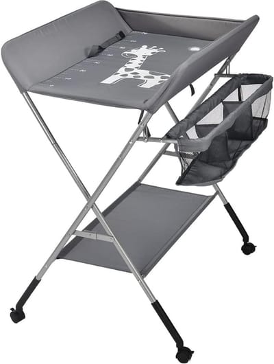 Inklapbare Verschoontafel met Opbergmand - 3-Hoogte Verstelling, Veiligheidshek & Veiligheidsgordel, Draagbaar op Wieltjes - Ruimtebesparend, Ergonomisch, Grijs