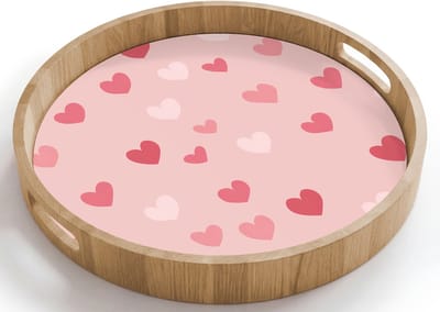 Dienblad rond 40x40 cm - Schootdienblad hout - Hartjes - Patroon - Roze - Borrelplank rechthoek - Plateau houten dienbladen