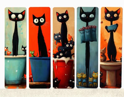 Katten Boekenleggers – Set van 5 – Dubbelzijdige Papieren Bladwijzers – 15x4 cm – Kleurrijke Katten Illustraties – Cadeau voor Lezers & Kattenliefhebbers