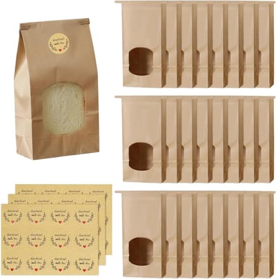 Set van 25 kraftpapieren zakjes met venster voor koekjes, geschenken en brood - Inclusief 36 handgemaakte stickers, staande verpakking (17 x 9 x 6 cm)