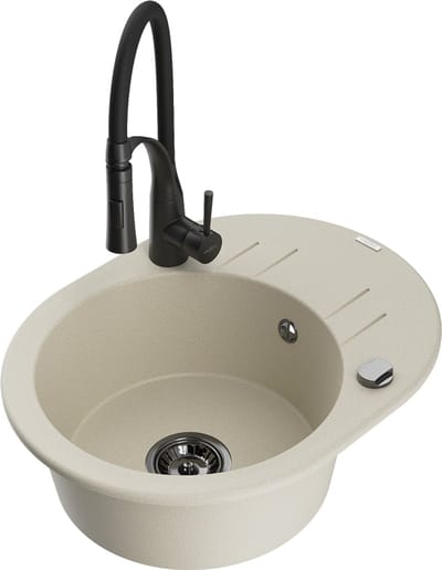 Mexen Kevin granieten gootsteen 1-komorige met afdruiprek en Aster keukenmengkraan, beige - 6517-69-73450-70-B